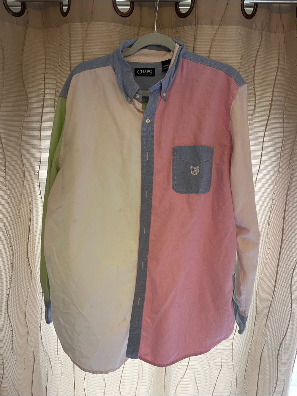 Chaps Colorblock Button-Down Shirt in Pink, White & Green with Denim-Trim